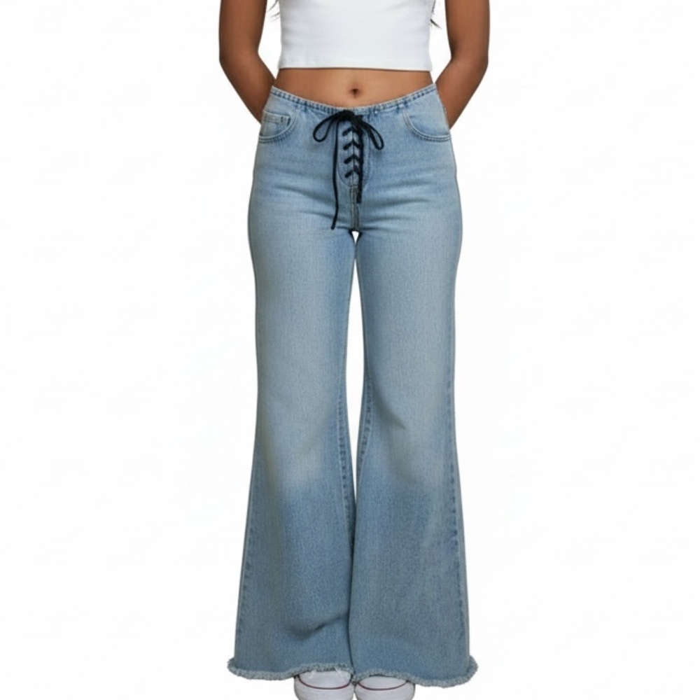 VTG Y2K PARIS BLUE LACE UP BELL BOTTOM DENIM JEANS SZ 3/S  BOHO INDIE SLEAZE